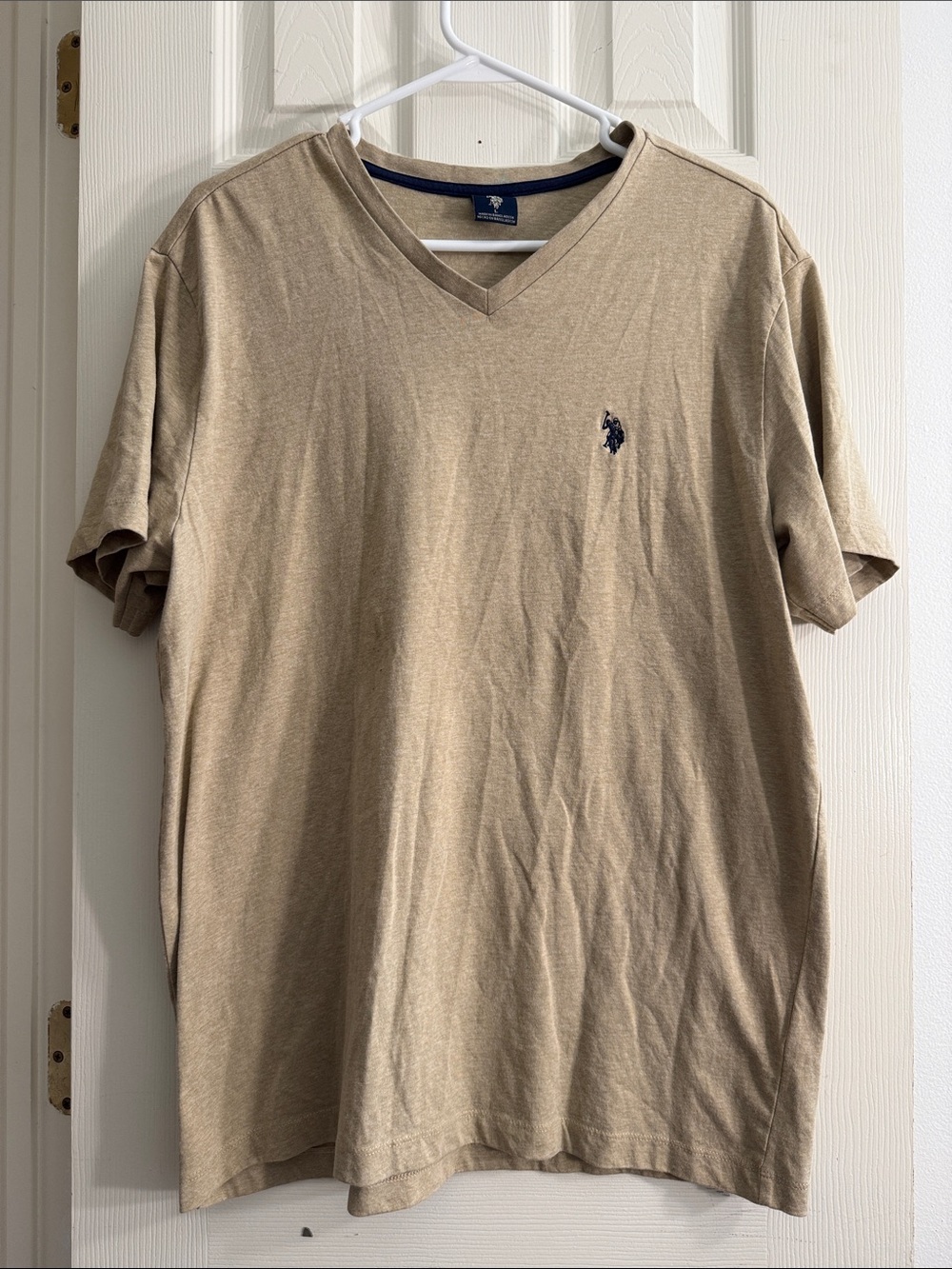 Polo by Ralph Lauren Men's V-Neck Tee in Khaki with Navy Logo